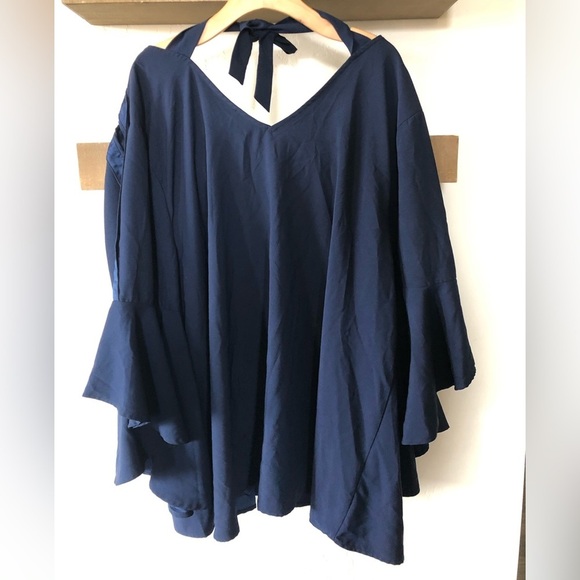 Lane Bryant|Navy Chiffon bell sleeve blouse, bow tie in back, sleeve buttons••• - Picture 3 of 8